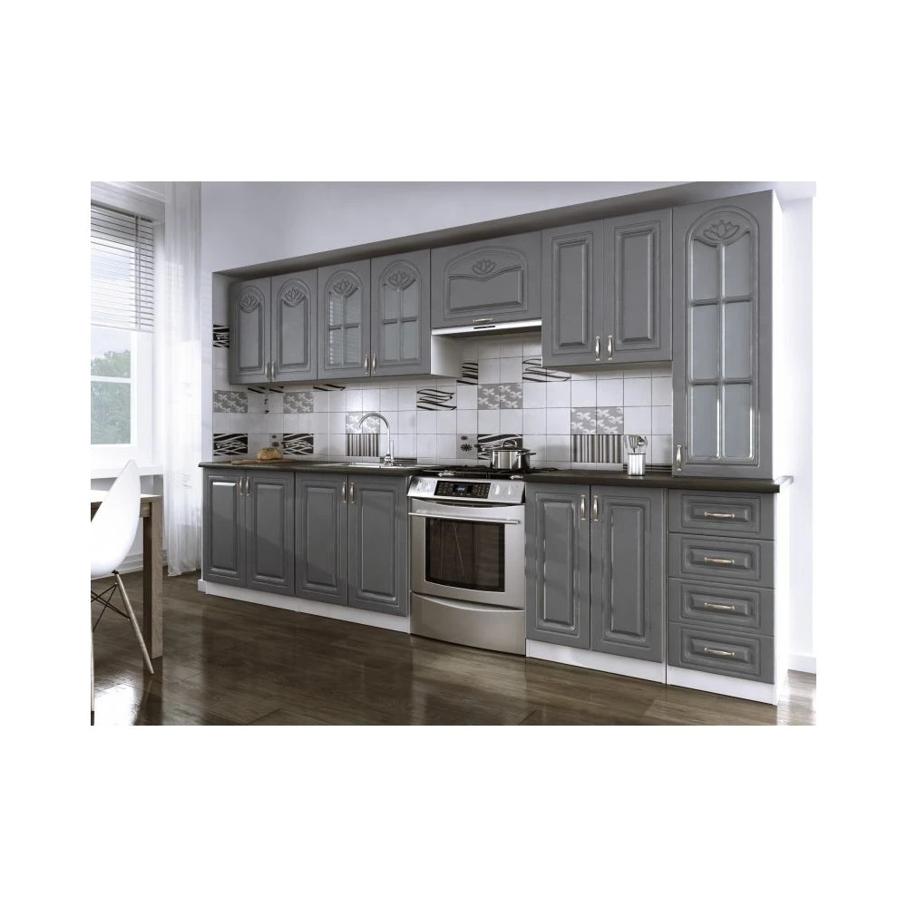 Meublesline Cuisine Complète 3m20 DINA Grise Avec Moulures 1 Meublesline Cuisine Complète 3m20 DINA Grise Avec Moulures