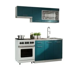 Dusine Cuisine GIOVANNA 5 éléments - Turquoise Mat 1m80 - Portes Vitrées ?...