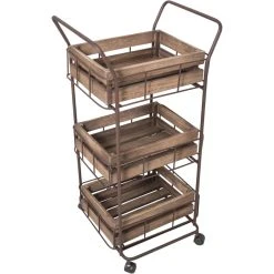 Antic Line Creations Desserte Sur Roulettes En Fer 3 Caisses En Bois.