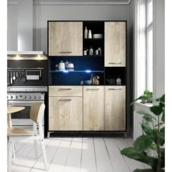 CSTORE ECO Buffet De Cuisine Avec LED L 120 Cm - Décor Chene Et Noir Mat