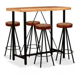 VIDAXL Ensemble De Bar 5 Pcs Bois De Sesham Cuir Véritable Et Toile - Brun -...