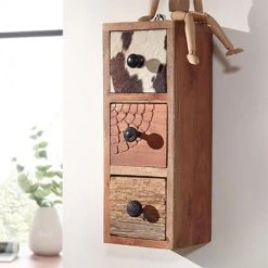 MES Etagère Murale De Cuisine 3 Tiroirs 15x15x41 Cm En Acacia Et Cuir