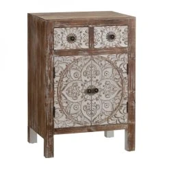 Altobuy LOREA - Table D'Appoint 2 Portes 2 Tiroirs Bois Naturel Et Blanc