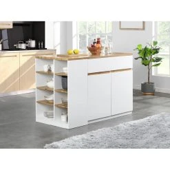 Vente-unique Ilot Central De Cuisine Avec Rangements - Blanc Et Naturel - MEILI