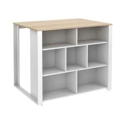 Vente-unique Ilot Central De Cuisine Avec 7 Niches - Blanc Et Naturel - OPOLE