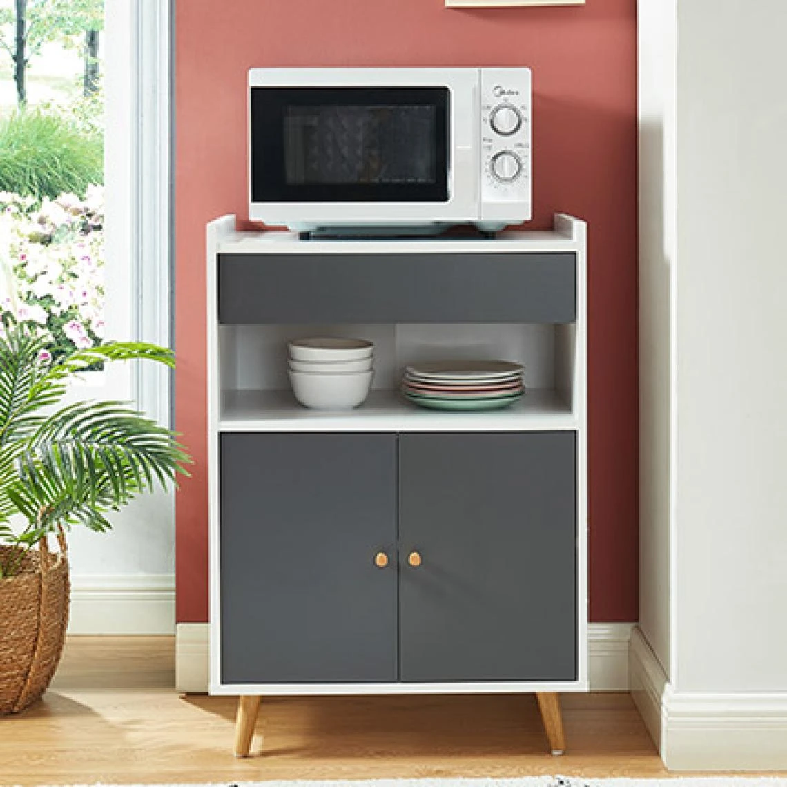 MES Meuble Micro-ondes 60x39x85,5 Cm Décor Blanc Et Gris - GEONA 1 MES Meuble Micro-ondes 60x39x85,5 Cm Décor Blanc Et Gris - GEONA