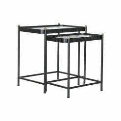 Table D'appoint DKD Home Decor Noir Métal Verre (2 Pcs)