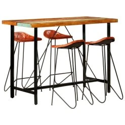 VidaXL Ensemble De Bar 5 Pcs Bois De Récupération Et Cuir Véritable