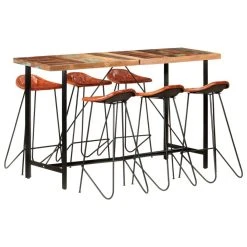 VidaXL Ensemble De Bar 7 Pcs Bois De Récupération Et Cuir Véritable